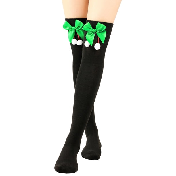 Calcetines largos hasta la rodilla para mujer, lisos, con lazo navideño y bola, cálidos, para mujer