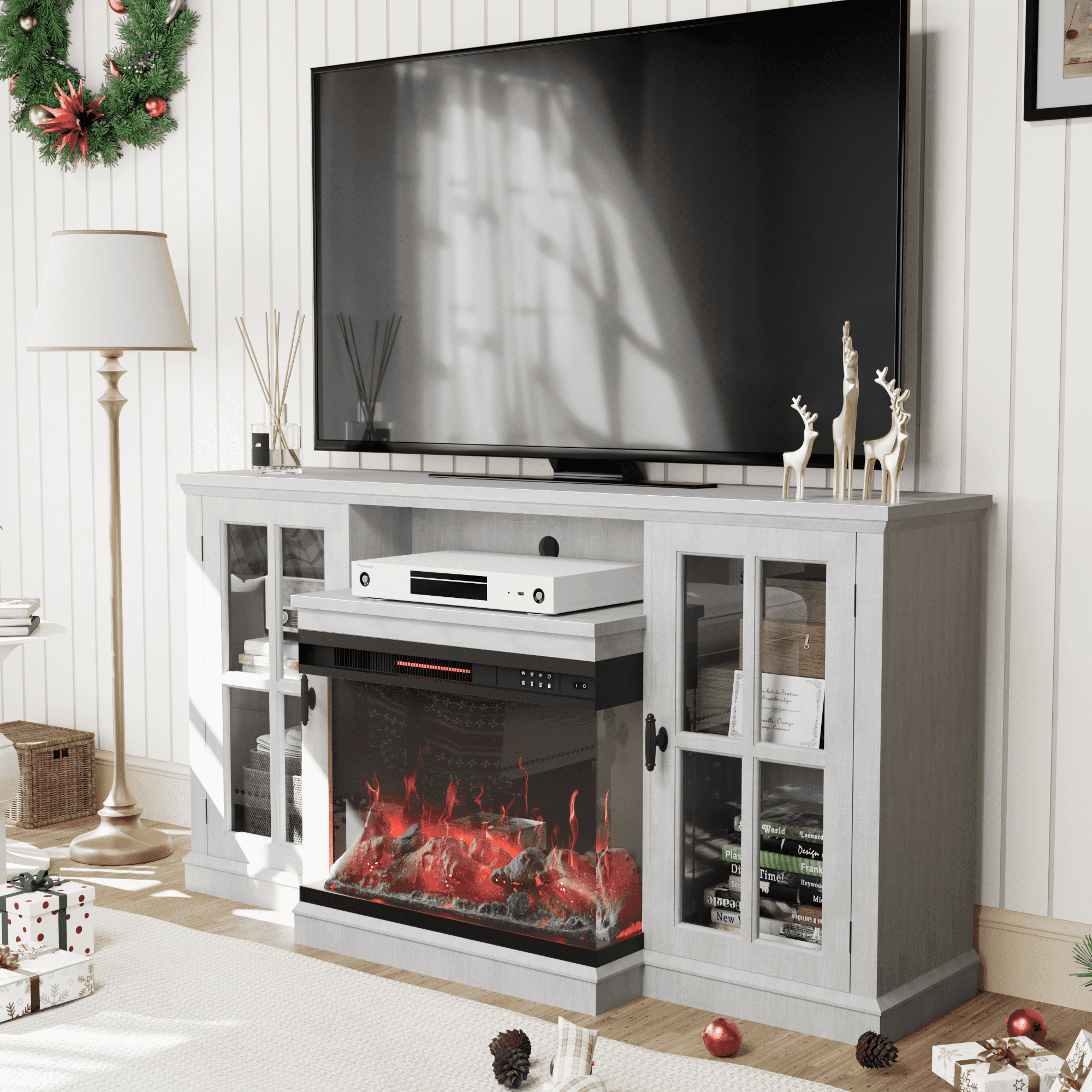 Homall Fireplace TV Stand for TVs up to 65" 3-Sided Glass Modern Media Entertainment Center with Cabniet Storage Adjustable Flame Color Fireplace,Gray