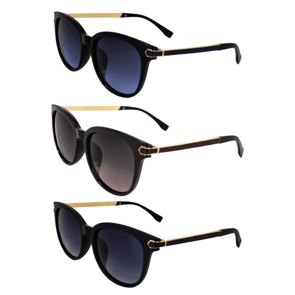 AlterImage Allure Fashion Retro Sunglasses for Women 3 Pair Black & Brown Frames w/ Dual-Color Metal Temples & Gradient Blue Brown Smoke Lenses