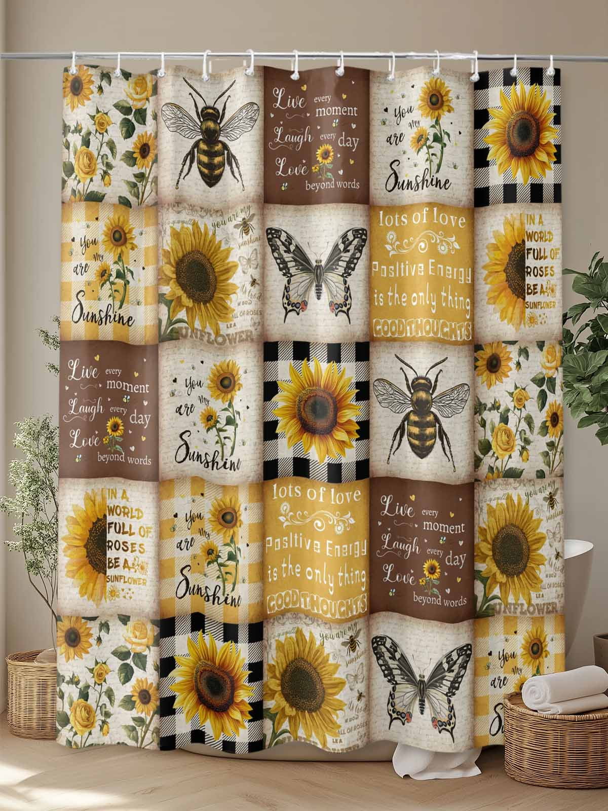 Sunflowers Shower Curtain Set, Waterproof Shower Curtains for Bathroom, Retro Country Butterfly Bee Floral Plaid Washable Fabric Cloth Bath Curtain for Bathtub Decoration with Hooks 54x78 Inches
