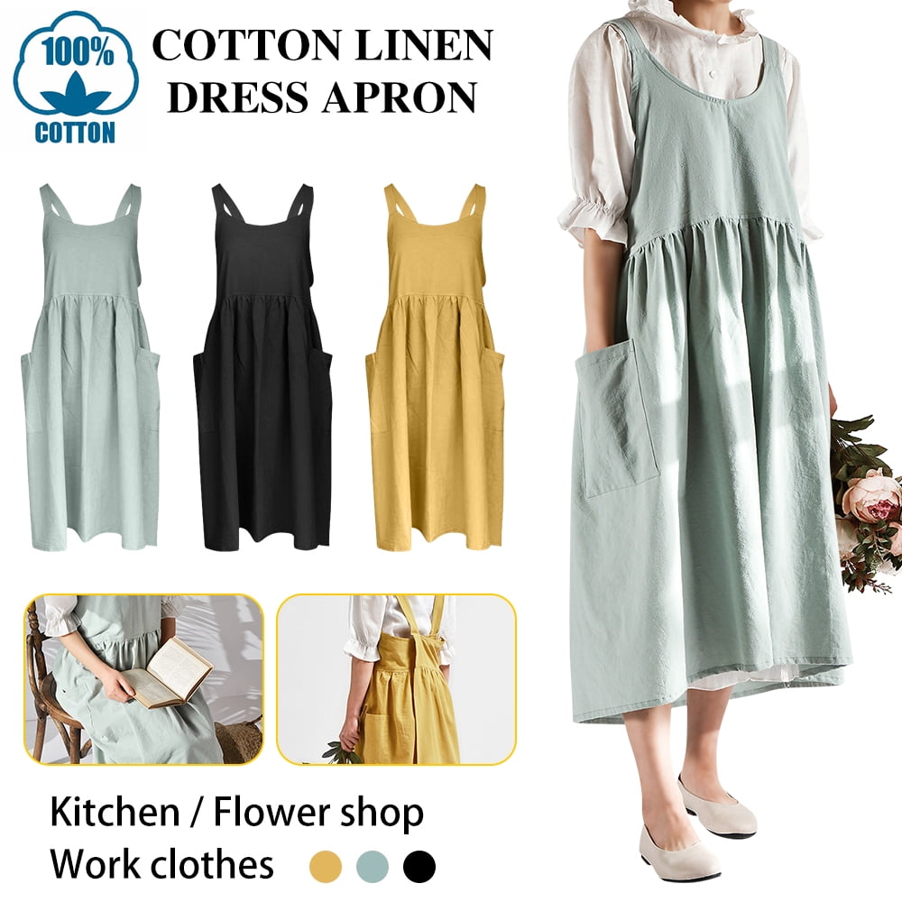 Cotton Linen Apron Cross Back Apron for Women with Big Pockets Square Pinafore Dress for Baking Cooking BBQ & Grill 