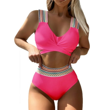 Women s Bikini Sets Two-Piece Colorblock Bikini Swimsuit Cross Front Top High Waist Bottom Tummy Control Bathing Suit Hot Pink XL