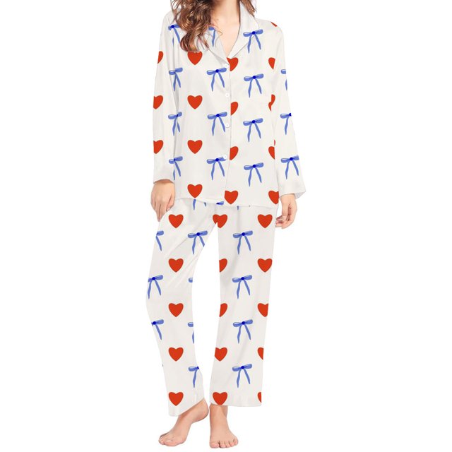 Bowake Valentines Day Pajama Long Sleeve Button Down V Neck Top and Pant Women Sleepwear Loungewear Set
