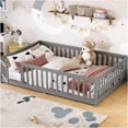 thumbnail image 2 of Full Size Floor Bed with Safety Door & Rails, Low Profile House Frame for Play and Sleep, Gray Wooden Bed, 2 of 10