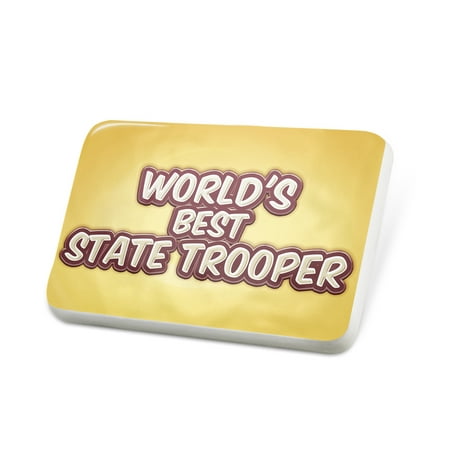 Porcelein Pin Worlds best State Trooper, happy yellow Lapel Badge –