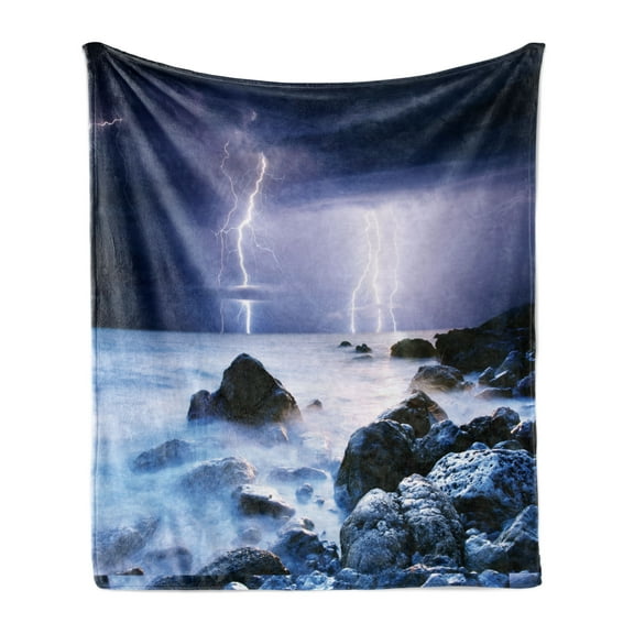 Nature Soft Flannel Fleece Throw Blanket, Summer Storm Beginning with and Beams over the Rocky Coast Waves Mystic Image, Cozy Plush for Indoor and Outdoor Use, 50" x 70", Grey Purple, by Ambesonne