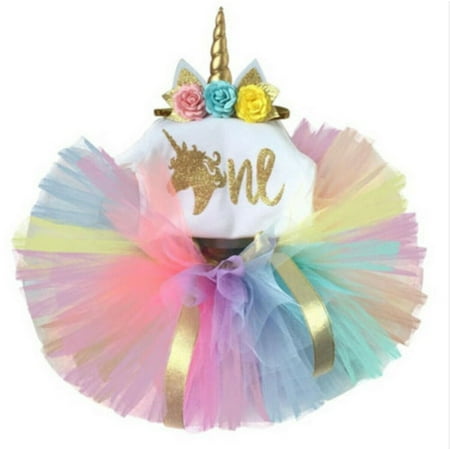 

3PCS Baby Girl 1st Birthday Outfit Party Unicorn Romper Cake Smash Tutu Dress