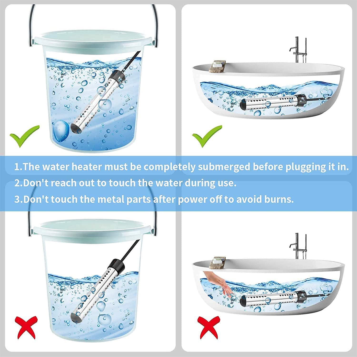 Electric Immersion Water Heater Boiler 1500W Swimming Pool Heater Fast Heating for Wimming Pool Tub Bathtub-black