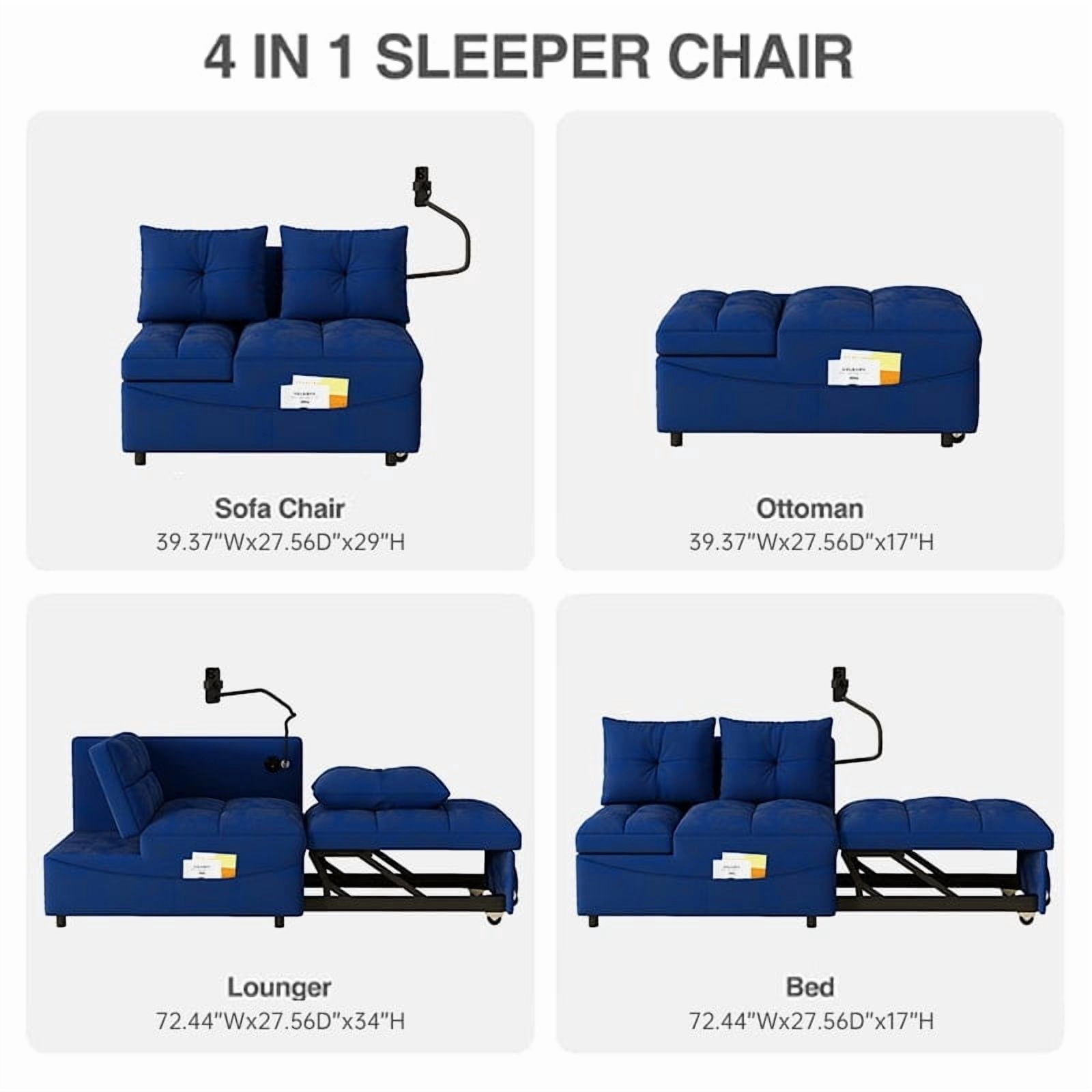 Leumius Folding Sofa Bed, 3 Lengths Available, Modern Sofa Velvet Pull-Out Bed, Loveseat with Adjustable Backrest, USB Port and Rotating Phone Holder, Blue.