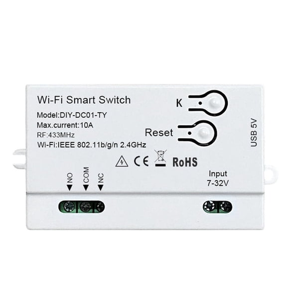 Tuya WiFi Smart Switch DIY Timer 1CH 7-32V USB 5V 2.4G WiFi Home Automation Module for Home IFTT,1 x Smart Switch,White