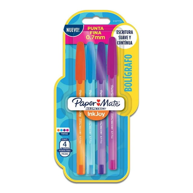 Bolígrafos Paper Mate Ink Joy Kilométrico Punto Fino 0.7 mm Multicolor 4 pzas