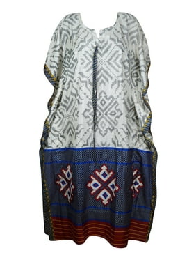 Mogul Women White,Blue Maxi Caftan Recycle Silk Luxurious Oversized Maternity Gift for Mom 2XL