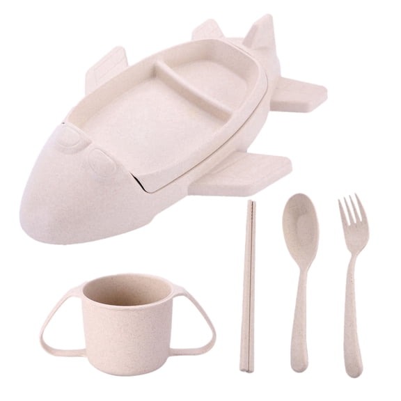 Airplane Shaped Tableware Set for Kitchen and Dining Table - Fiber Dinner Tray for Boys and Girls with Separate Plates Cutlery and Water Cup Wheat Straw Design