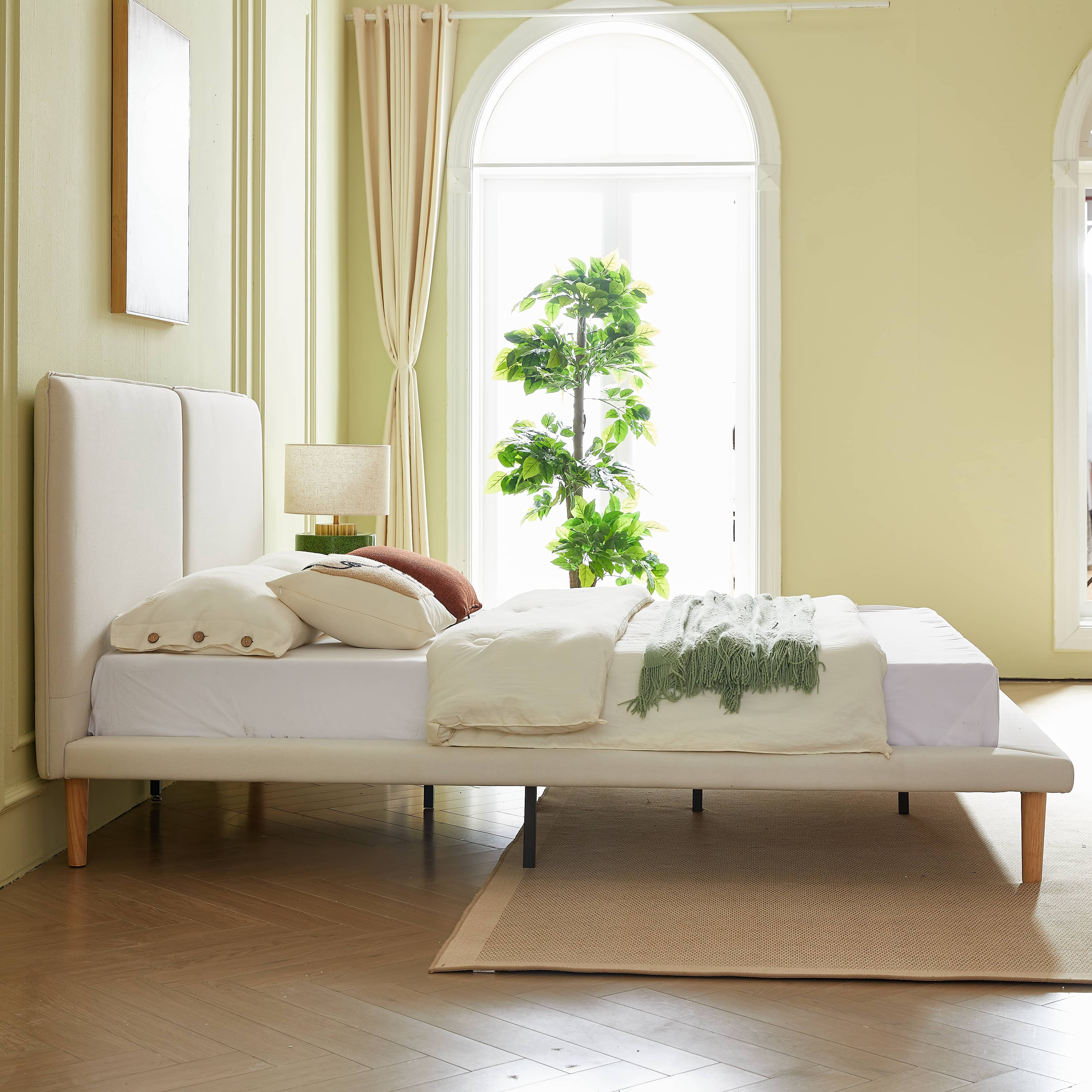 VELOCAVA Queen Size Upholstered Bed with Wood Legs, Wide Padded Headboard, Linen-Look Fabric, Beige