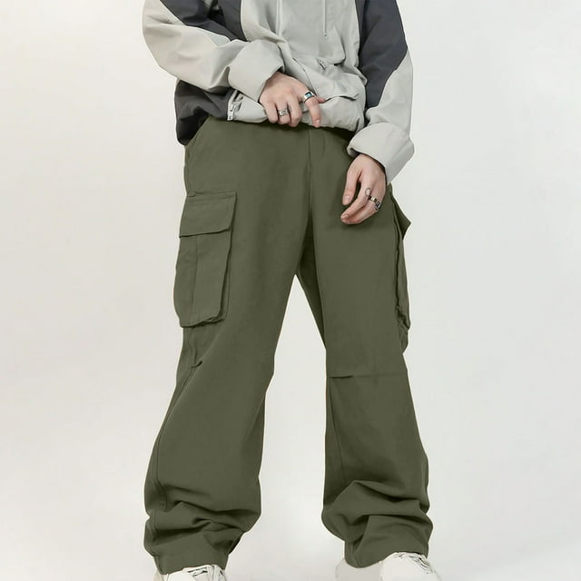 Pantalones cargo deportivos casuales de longitud completa para hombre, con bolsillo y cordón, color sólido, cintura elástica