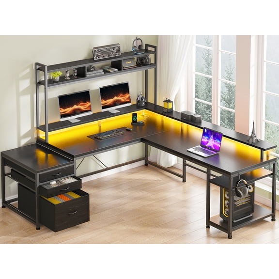 Romorgniz L Shaped Desk, Gaming Desks with Power Outlet & LED Light Computer Deskwith Drawers & Storage Shelves Black