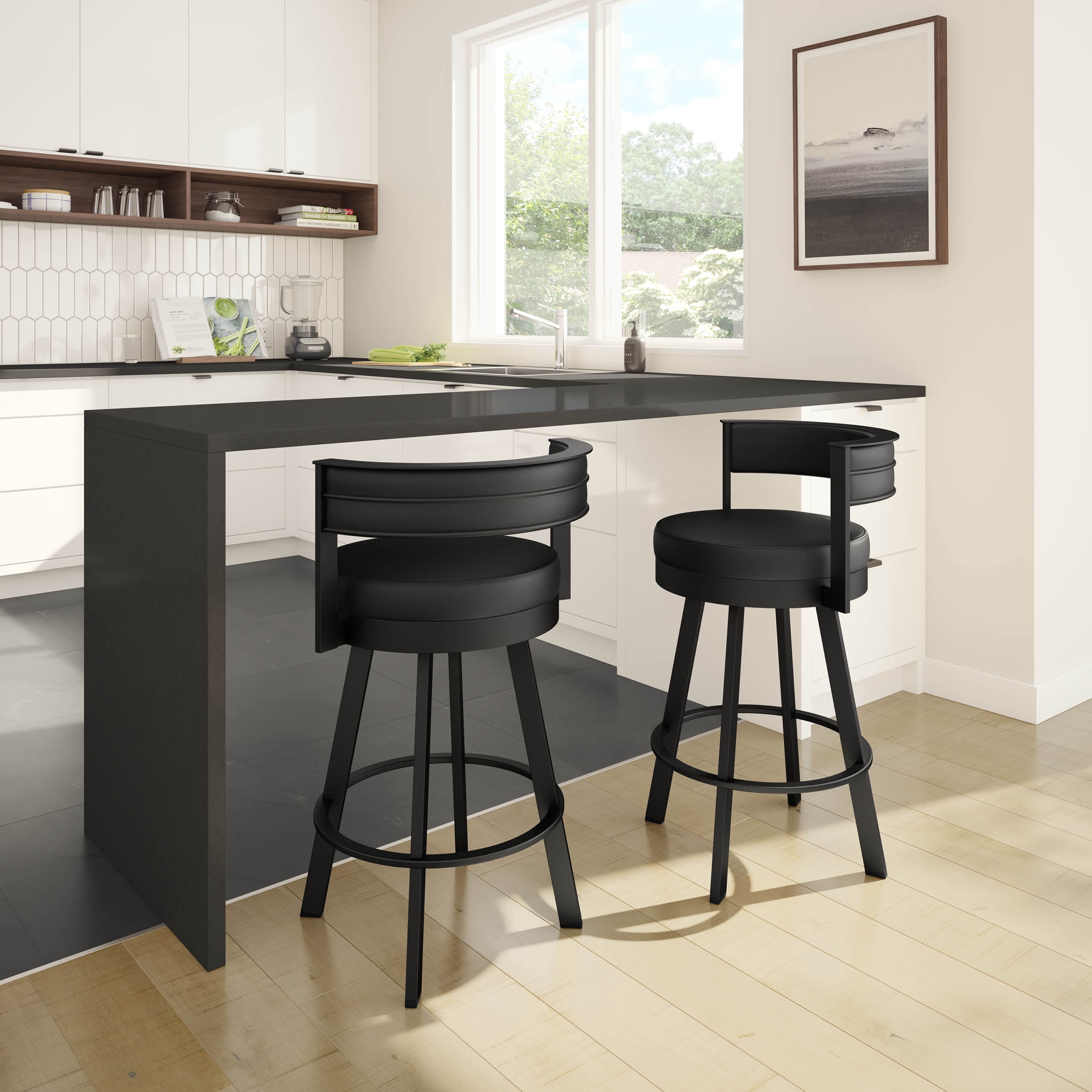 Amisco Browser 30 In. Swivel Bar Stool - Black Faux Leather / Black Metal