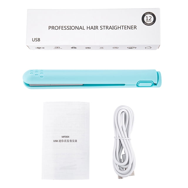 Mini plancha de pelo 2 en 1 USB de cerámica con calor, alisadora y rizadora, color azul