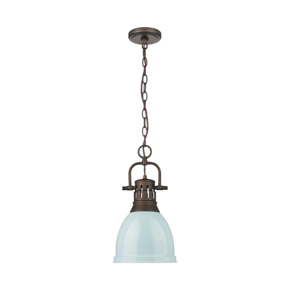 Yep by Golden Lighting Duncan 1-light 9in Chain Hung Pendant in Rubbed Bronze and Seafoam shade