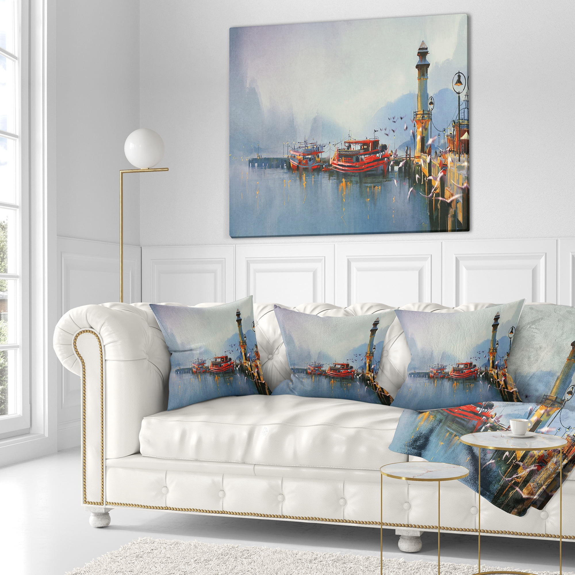Designart Fishing Boats in Harbor - Landscape Painting Throw Pillow - 18x18