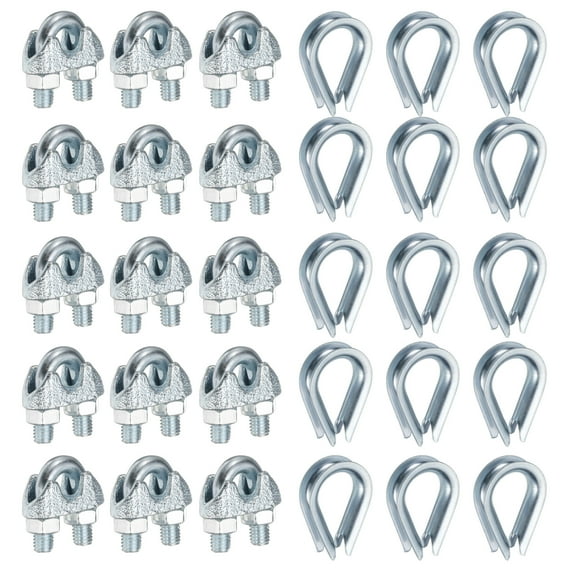 20 Pcs M5 Steel Wire Rope Clip Clamps and Thimble Set, 1/4" Wire Rope U-Bolt Cable Clamps Saddle Fastener