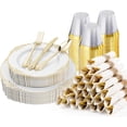thumbnail image 1 of missunny-175PCS Gold Plastic Plates for 25 Guests, Disposable Dinnerware Sets Include 50 Gold Rim Plastic Plates, 25 Silverwares, 25 Cups, and 25 Pre Rolled Napkins for Party, Wedding and Graduation, 1 of 5
