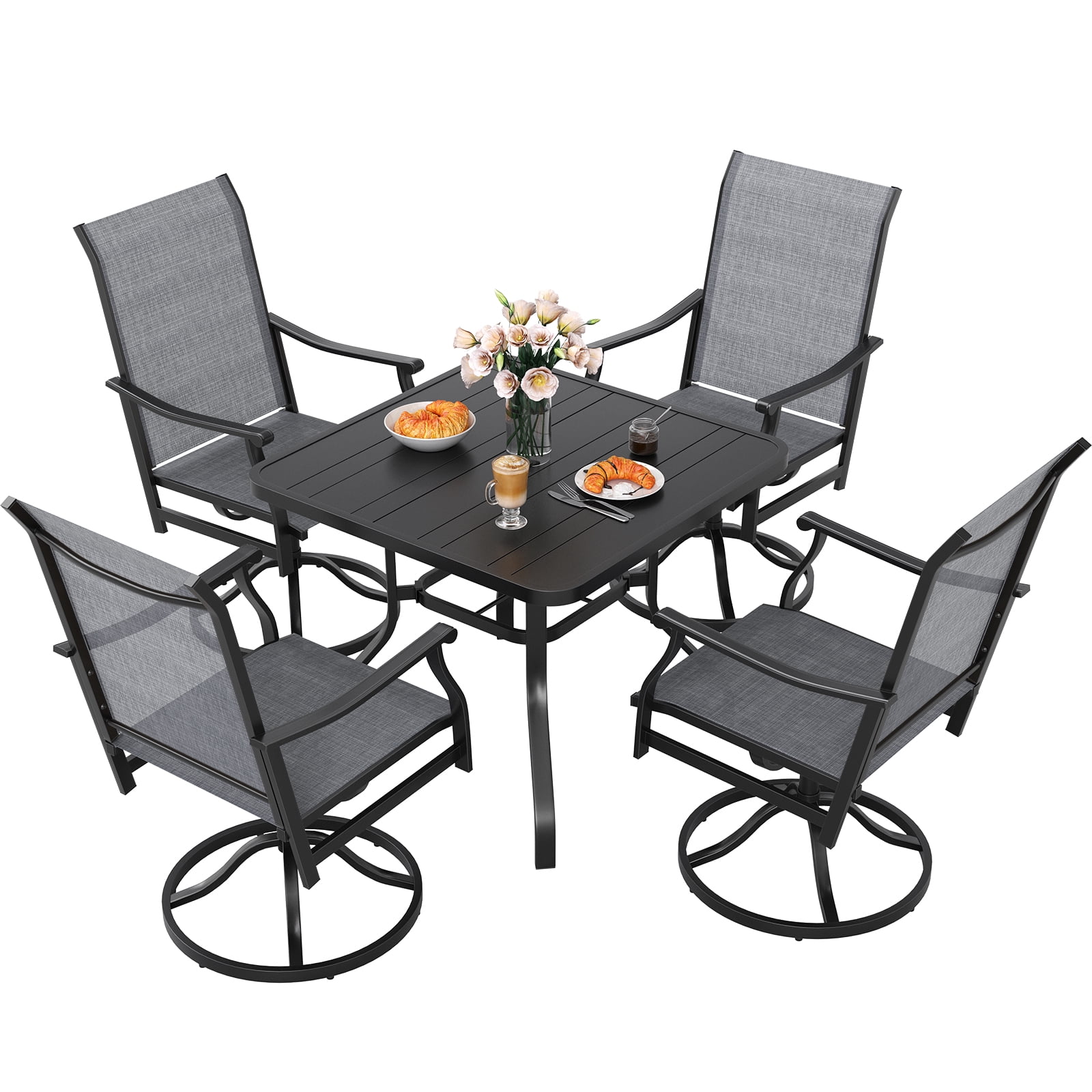 STARY 5 Pieces Outdoor Dining Set with 1.57" Umbrella Hole, Patio Swivel Dining Textilene Chairs and 35"x35" Iron Square Table for 4 People, Garden