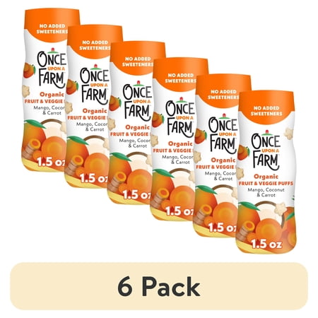 (6 pack) Once Upon a Farm Organic Baby Puffs, Mango, Carrot & Coconut, 1.5oz Canister