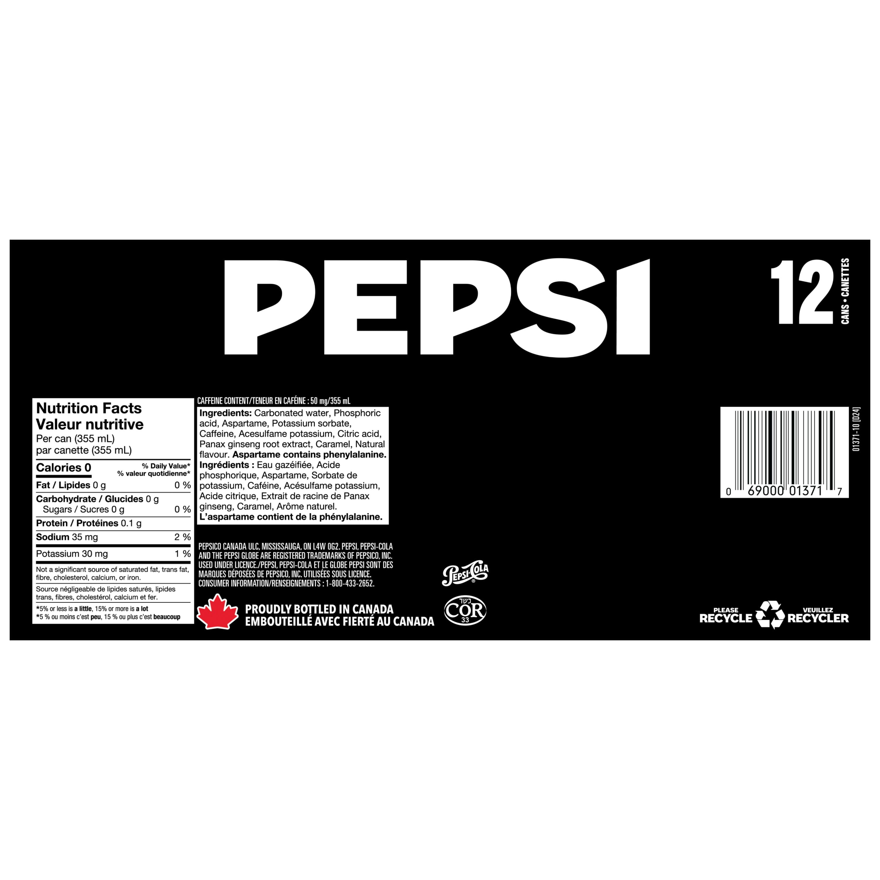 Pepsi Zero Sugar Cola 12 x 355 mL, Cans, 12x355mL