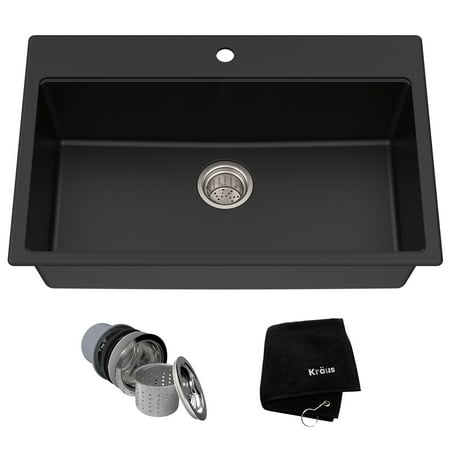 KRAUS 31 Inch Dual Mount Single Bowl Granite Kitchen Sink w/ Topmount and Undermount Installation in Black