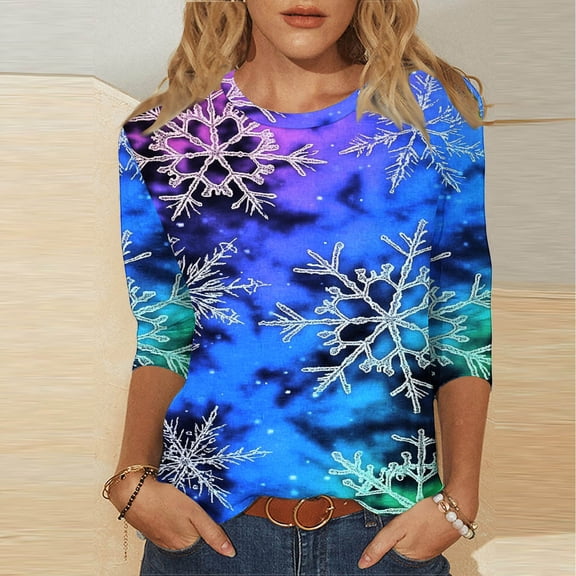 Turilly Fashion Christmas Women's Casual Print Round Neck 3/4 Sleeve T-Shirt Top Blouse