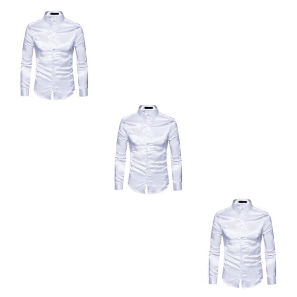 Sonducket Camisa transpirable para hombre Satén con mangas largas - Trabajo Boda o Casa Camisa para hombre Manga larga formal Blanco grande S Type1 NO1