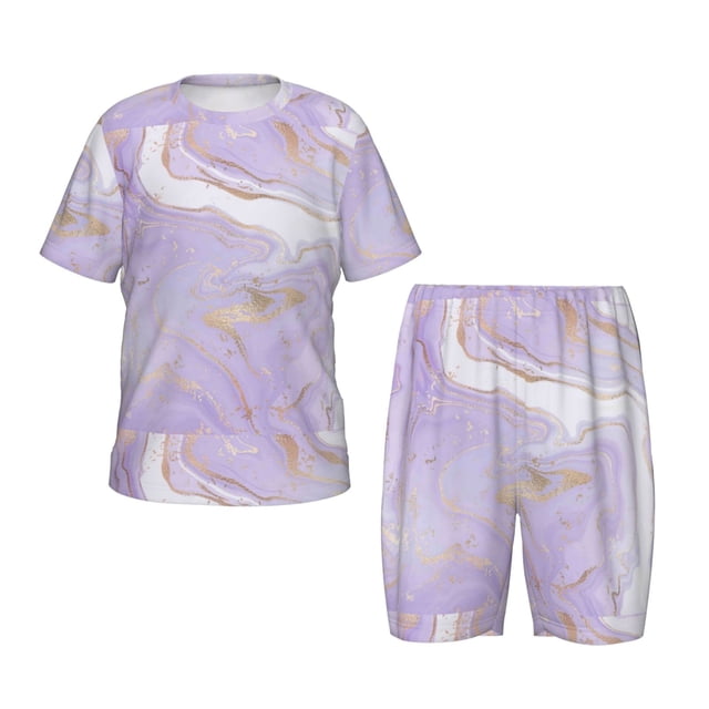 Fotbe Lavender Glitter Foil Stripes Pijama Estampada de 2 Piezas para Niños – Ropa de Dormir de Manga Corta Cómoda para Niños y Niñas, Camiseta y Shorts de Algodón-Large