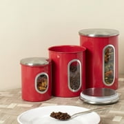 Home Basics 3 Piece Stainless Steel Top Canisters with Windows, Red