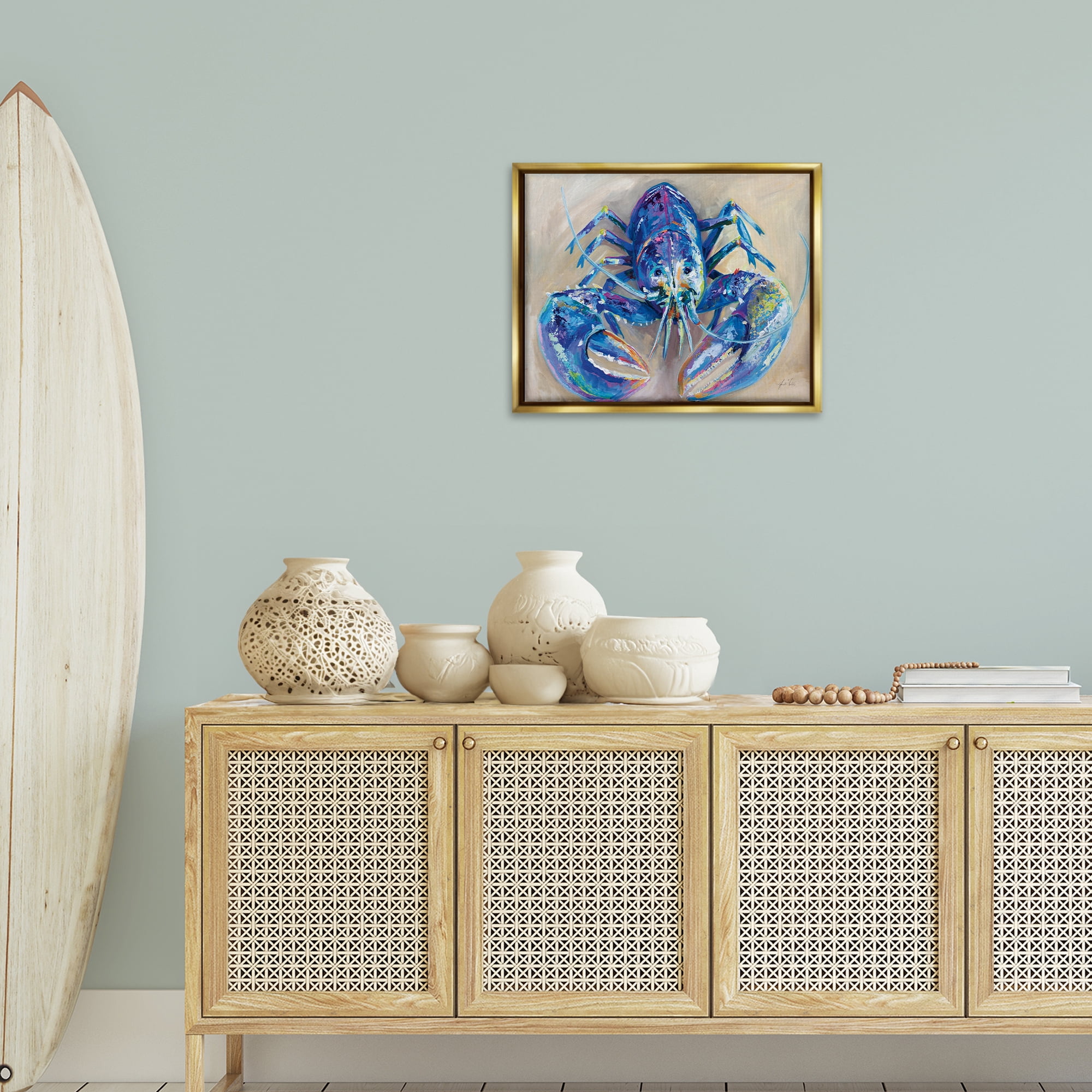 Stupell Industries Blue Lobster Impression Animals Painting Gold Floater Framed Canvas Art Print Wall Art, 21 x 17