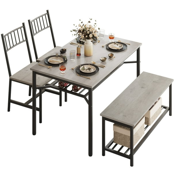 ChaoLink Juego de mesa para 4, mesa para cocina y 2 sillas con banco de almacenamiento, juego de mesa rectangular de 47.2" con soporte para vino, para espacio pequeño, apartamento, color gris