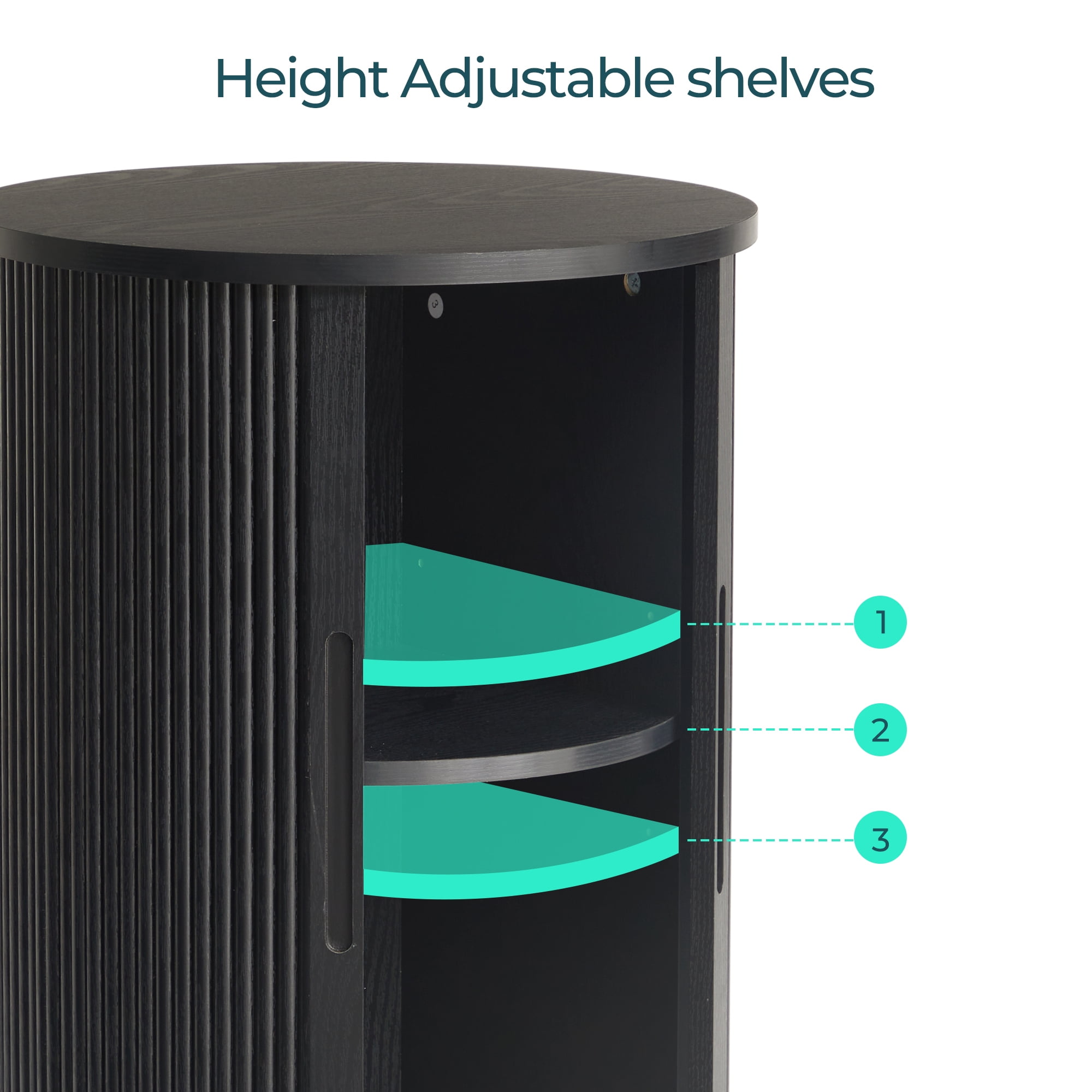 LINSY HOME Fluted Round End Tables for Living Room, Nightstand for Bedroom with with Sliding Tambour Door and Adjustable Shelves, Black(1 Pcs)