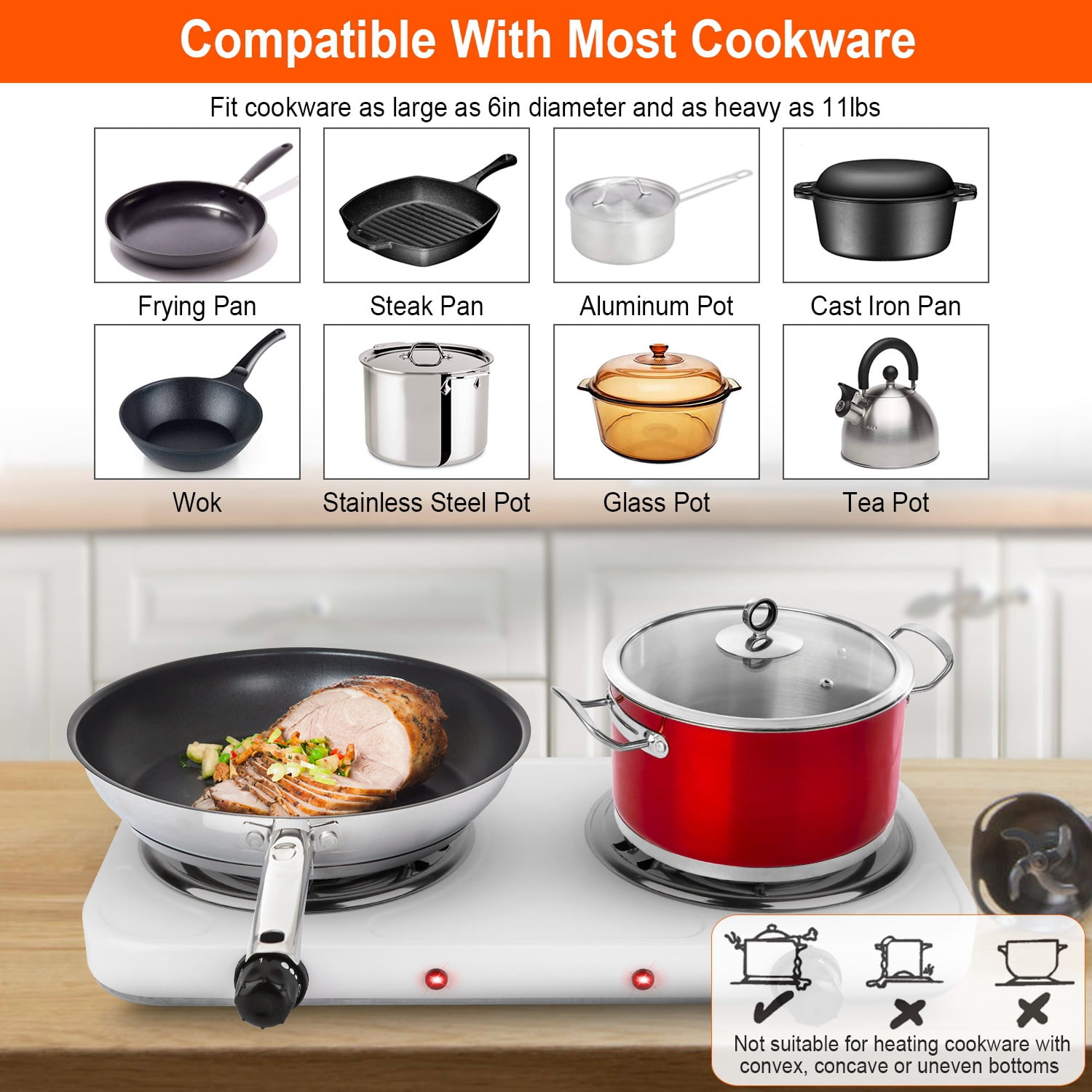 iMounTEK 2000W Portable Burner Coil, Adjustable Hot Plate with Non Slip Rubber 5 Temperature Adjustments,White