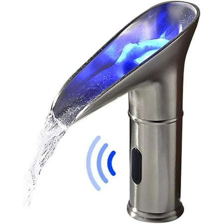 

FSROLTPI LED Touchless Bathroom Sink Faucet Automatic Electronic Sensor Waterfall Lavatory Faucet Single Hole Brushed Nickel