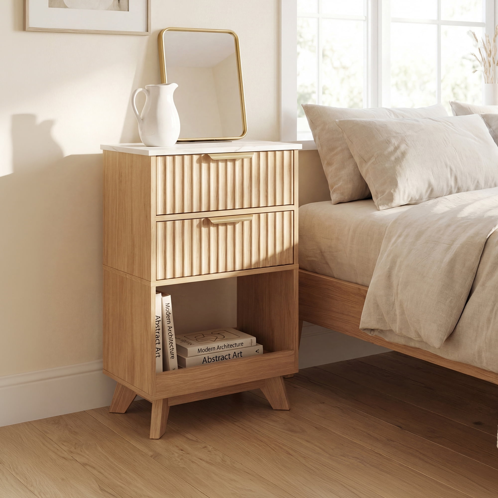 YDN Tall Nightstand Set of 2 - Modern Bedside Table with Fluted Design & Charging Station, Wooden Bedsides End Table with 2 Drawers and Storage Shelf for Bedroom, Living Room,Nature