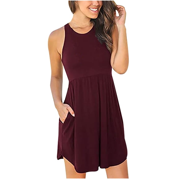 IROINNID Women's Sleeveless Fit&Flare Dress Round Neckline Casual Pockets Ladies Slim Mini Dress Regular Dress