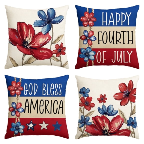 Sm:)e God Bless America Floral 4th of July Throw Pillow Covers 18x18 Inch Patriotic Independence Day Outdoor Cushion Case Set of 4