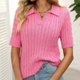 thumbnail image 6 of Women Short Sleeve Sweater Tops Summer V Neck Cable Knit Pullover Casual Lapel Shirts, 6 of 8