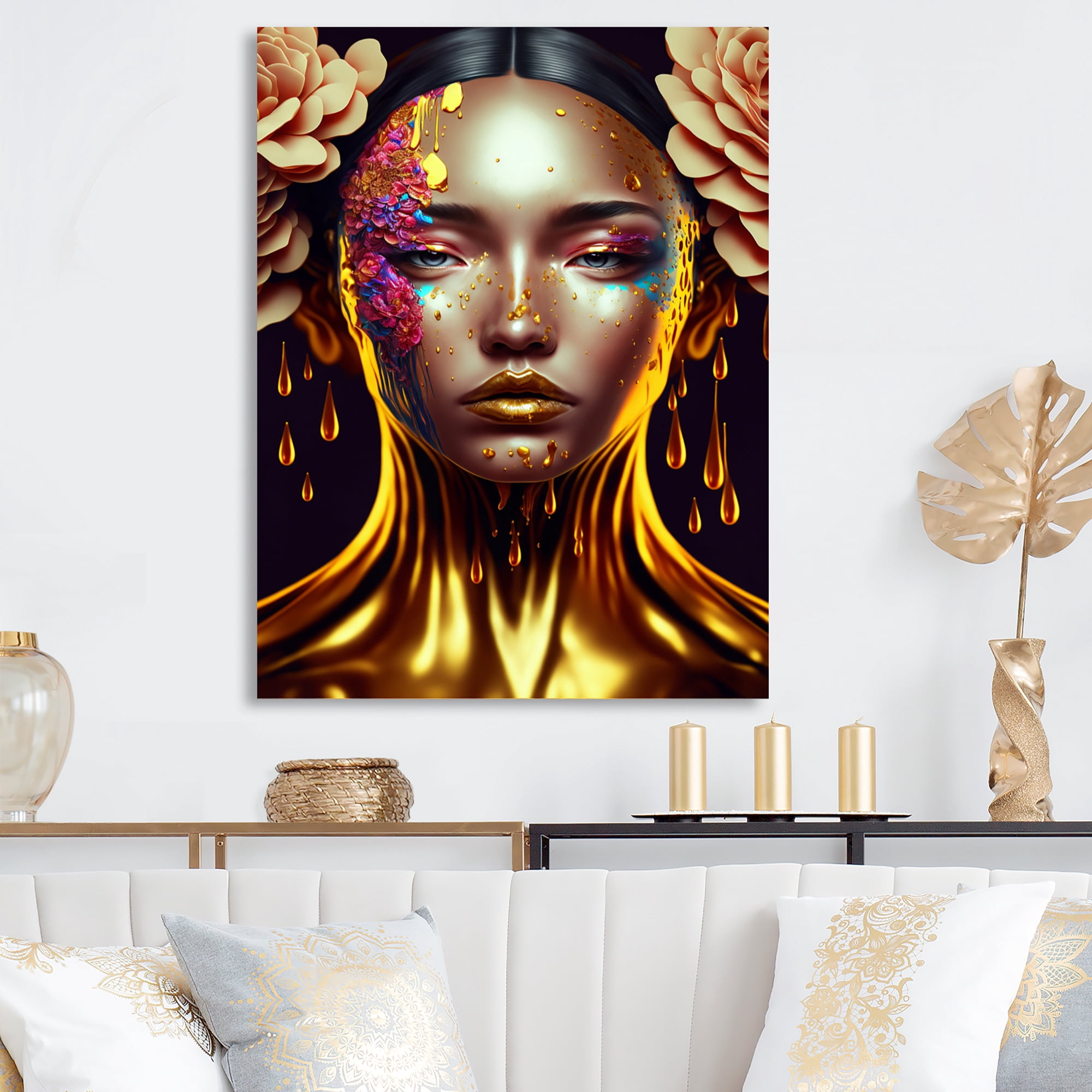 Designart Gold And Black Floral Asian Woman II Canvas Wall Art