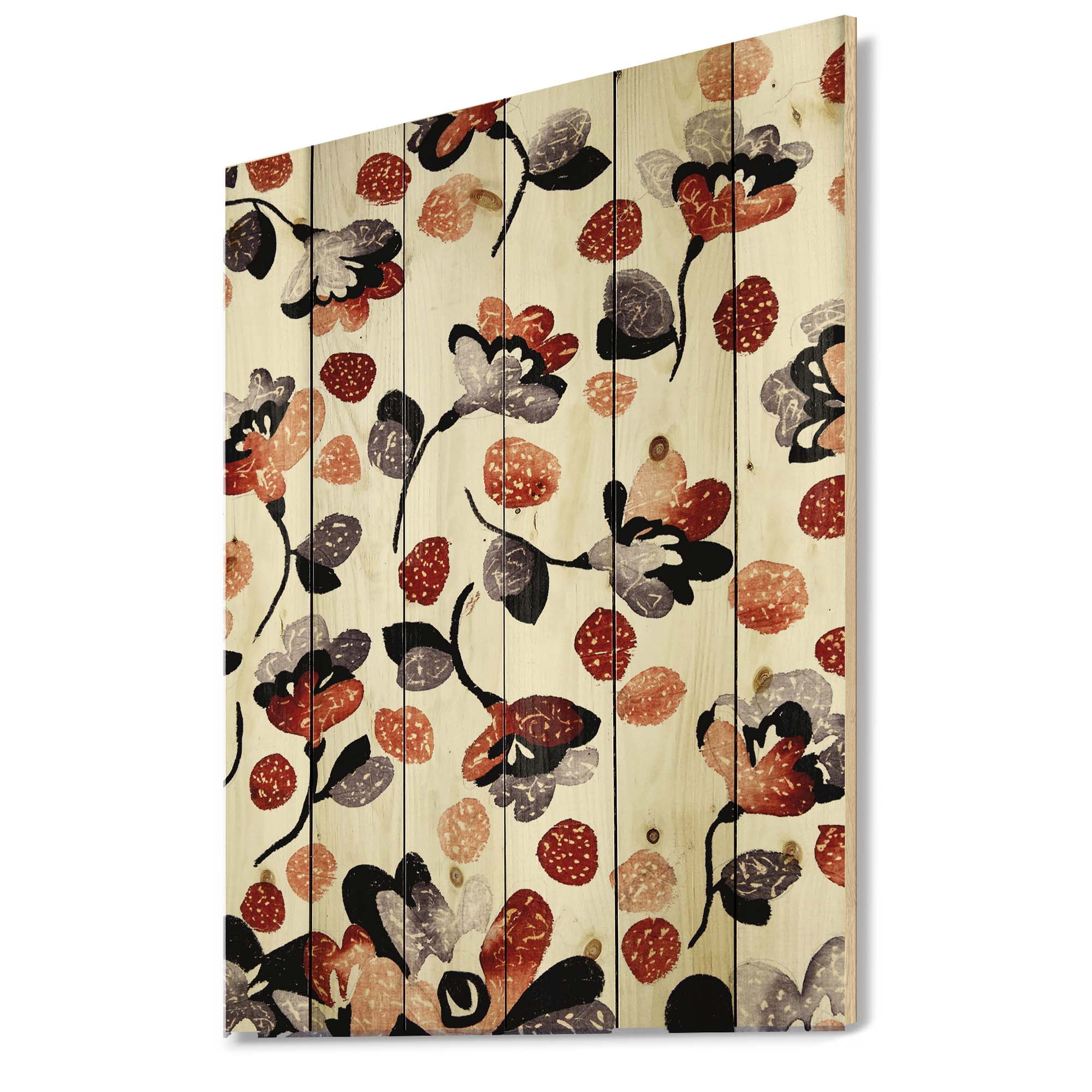 Designart 'Modern Flower In Red Blue and Orange' Bohemian & Eclectic Print on Natural Pine Wood