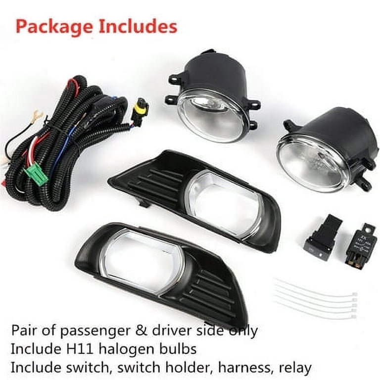 Clear Fog Light Kit With Bezels & Switch For 2007-2009 Toyota Camry – Halogen, H11 Bulbs Included, Amber Light Output, DOT/SAE
