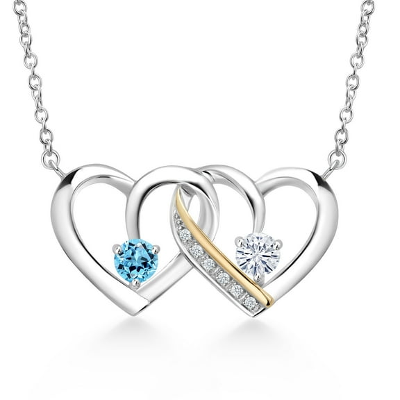 925 Silver and 10K Yellow Gold Swiss Blue Topaz and White Moissanite and White Lab Grown Diamond Interlocking Heart Pendant Necklace for Women (0.62 Cttw, November Birthstone, with 18 inch Chain)