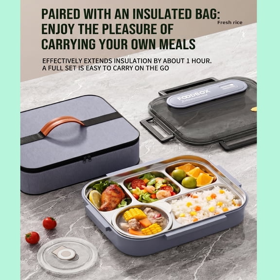 Adults Bento Lunch Box Set with Thermo Bag, 2800ML 316 Stainless Steel Bento Box, Leakproof 5-Compartment Lunch Box, Built-in Utensil and Sauce Container for Work, Dining Out