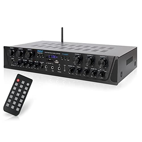 Pyle Wireless Home Audio Amplifier System - Bluetooth Compatible Sound Stereo Receiver Amp, 6 Channel 600W Power, Digital LCD, Headphone Jack, 1/4'' Microphone IN USB SD AUX RCA FM Radio - PTA66BT.6