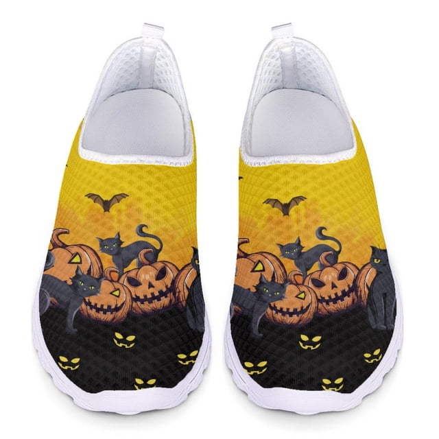 Nuevos zapatos planos con estampado de calabaza de Halloween para mujer, zapatos casuales deportivos clásicos para exteriores, zapatos de malla transpirables para verano y otoño